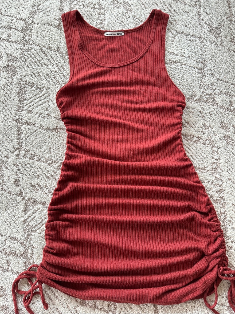 Reformation Ribbed Ruched Midi Dress M | Side Gathered Bodycon | Rust